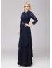 Navy Blue Lace Chiffon Modest Mother Of The Bride Dress 